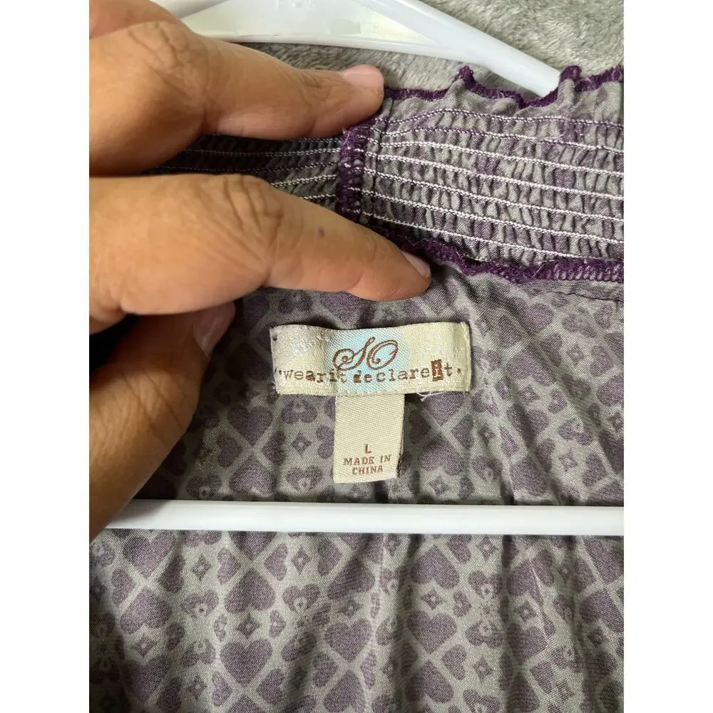 Vintage Y2K Purple Geometric Print Babydoll Top Smocked Waist Ruffle Trim Boho L - Picture 5 of 8